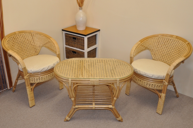 Ratanová sedací souprava Kina malá medová stolek ovál, polstry béžový melír SLEVA 4 % | RYCHLÉ DODÁNÍ