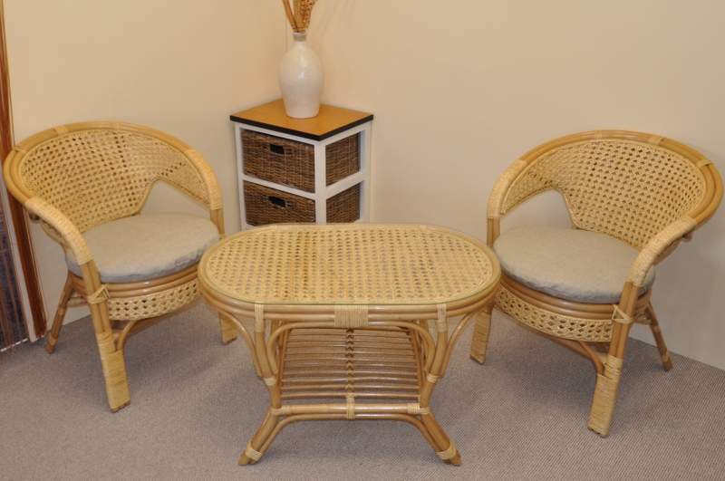 Ratanová sedací souprava Kina malá medová stolek ovál, polstry tmavě béžový melír SLEVA 4 % | RYCHLÉ DODÁNÍ